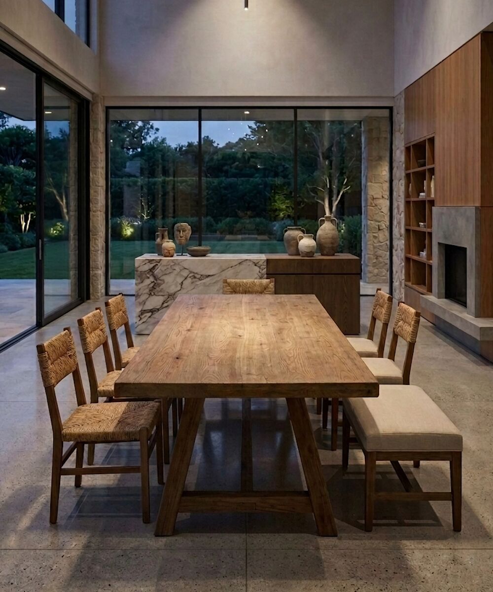Mesa Serena, trestle en roble junto a alacena de mármol